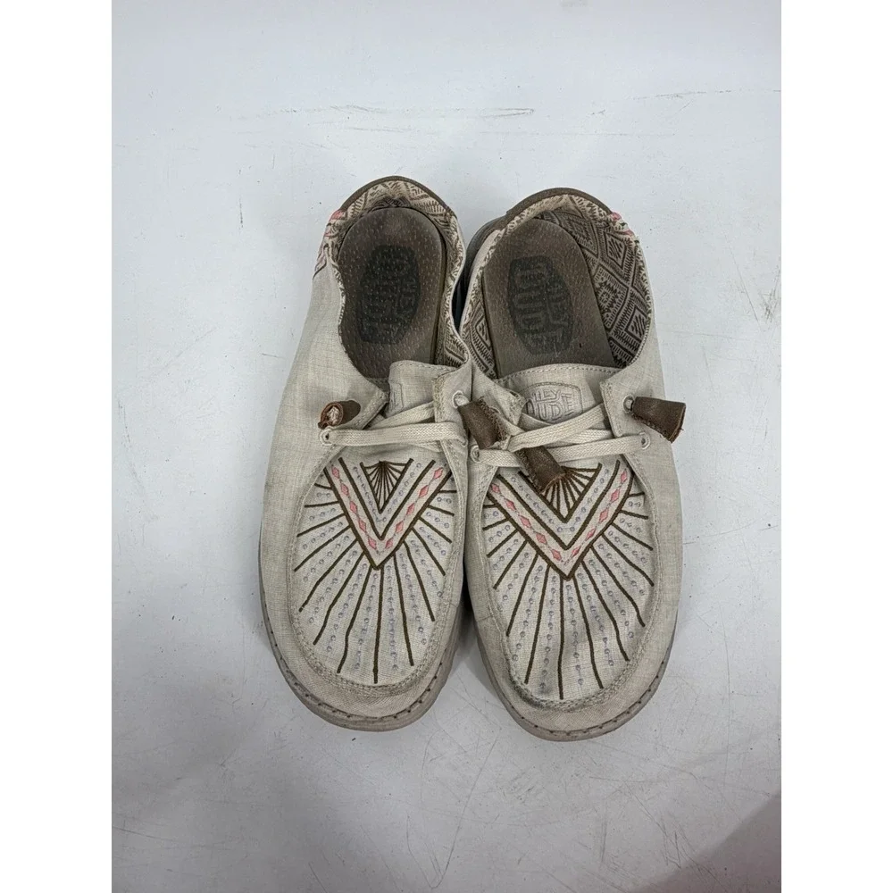 Hey Dude Wendy Western Palomino Canvas Loafers Embroidered Shoes Sz 9 Slip On